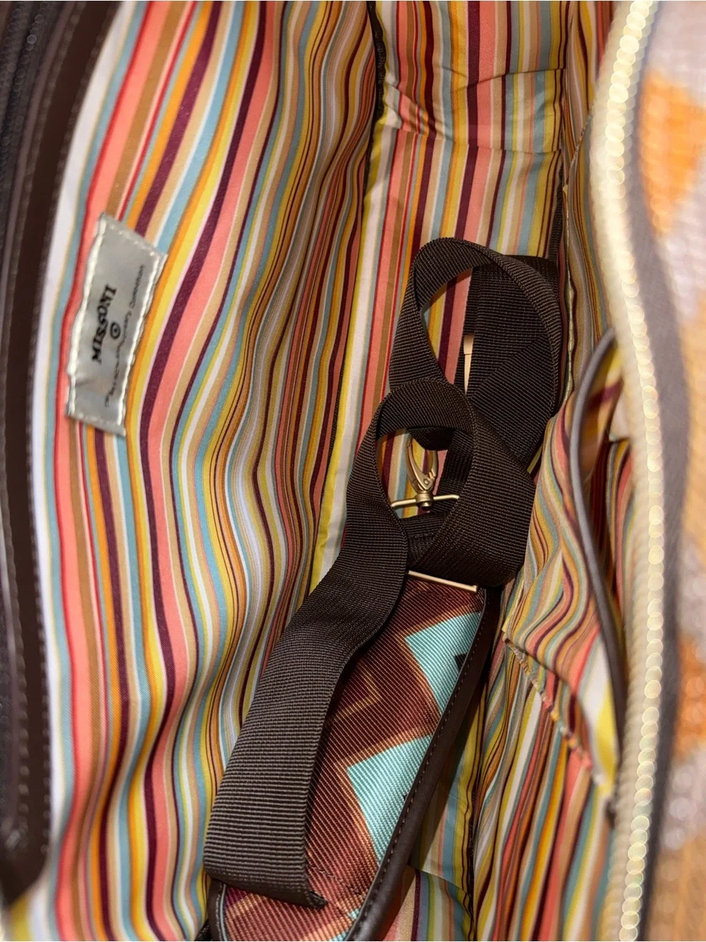 Chevron Pattern Brown Leather-Trim Travel Tote - women